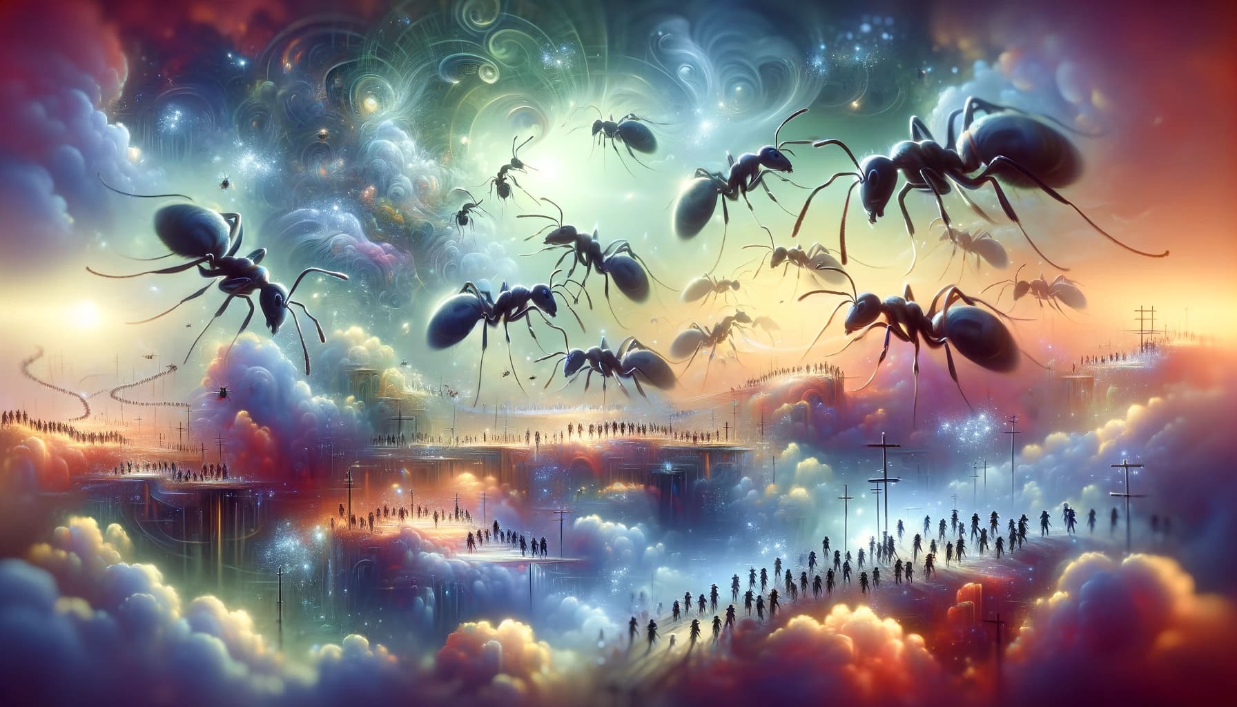 A dream-like, ethereal landscape with a large group of ants working together harmoniously. The ants are shown in an organized, efficient manner, symbo A dream like ethereal landscape with a large group of ants working together harmoniously. The ants are shown in an organized efficient manner symbo