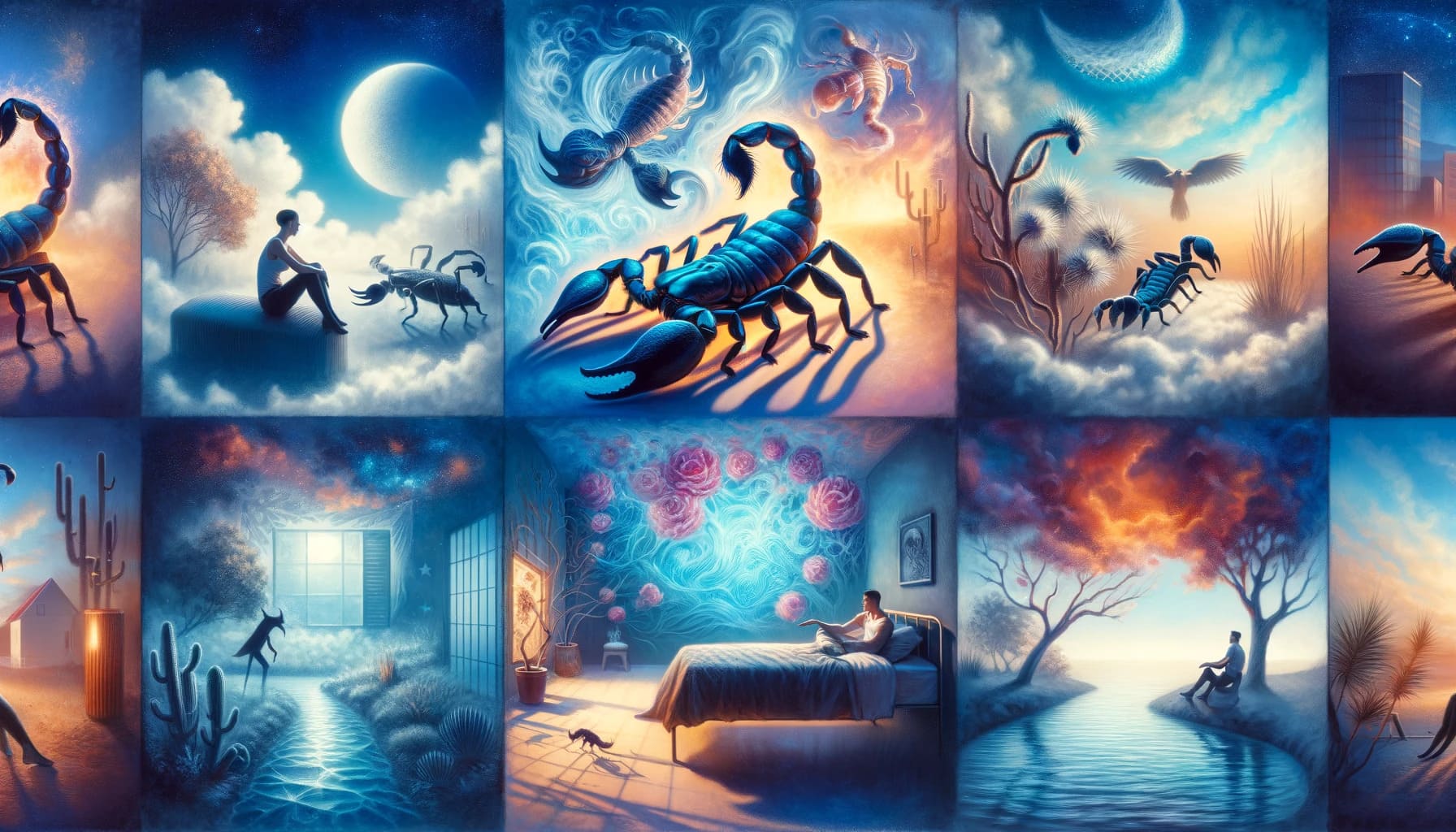 A dream scene with a scorpion in various contexts to represent its spiritual meaning. The scorpion is calm in one part symbolizing self control and r