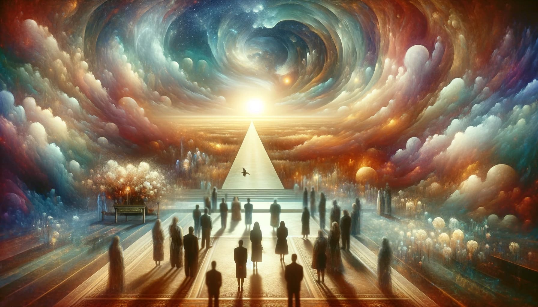 A dreamlike, symbolic funeral scene. The focus is on the atmosphere of the dream, conveying a sense of transformation and introspection. Mourners gath A dreamlike symbolic funeral scene. The focus is on the atmosphere of the dream conveying a sense of transformation and introspection. Mourners gath