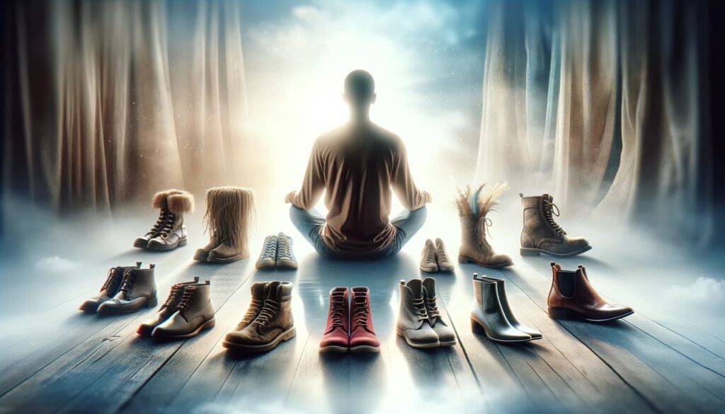 A person in a tranquil reflective pose surrounded by various types of shoes each representing a different life path or choice. The setting is peace