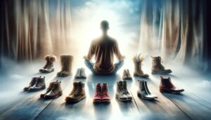 A person in a tranquil reflective pose surrounded by various types of shoes each representing a different life path or choice. The setting is peace