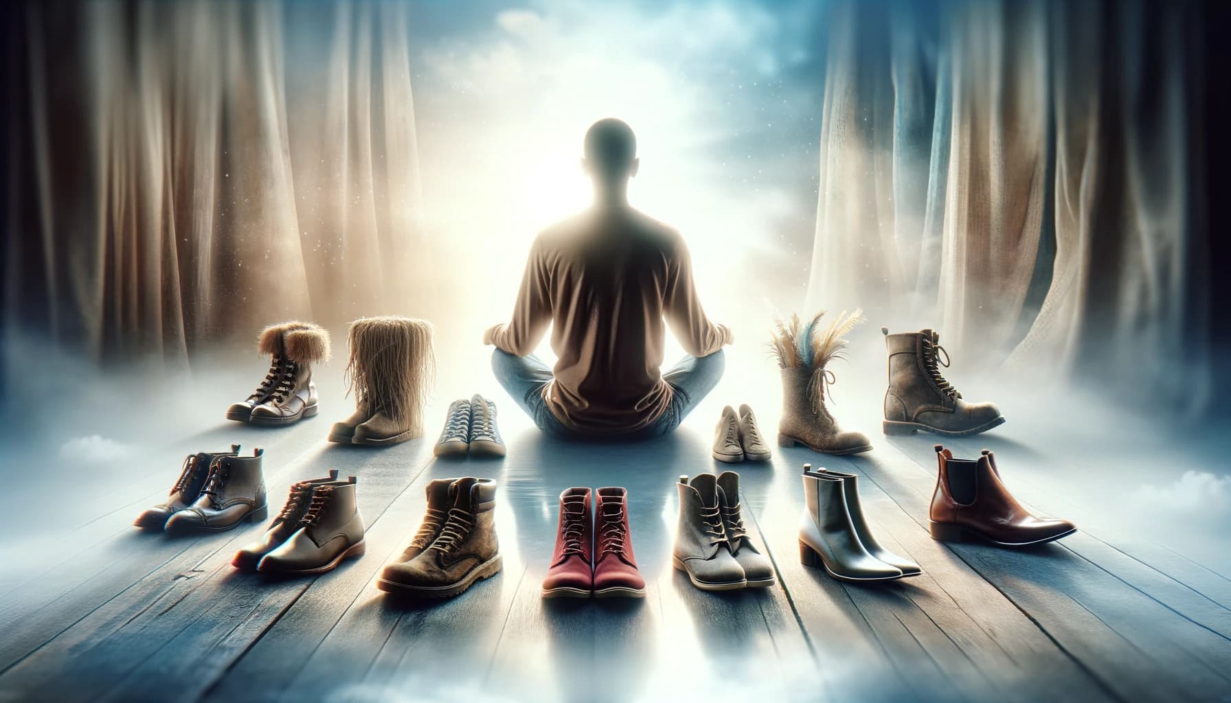 A person in a tranquil, reflective pose, surrounded by various types of shoes, each representing a different life path or choice. The setting is peace A person in a tranquil reflective pose surrounded by various types of shoes each representing a different life path or choice. The setting is peace