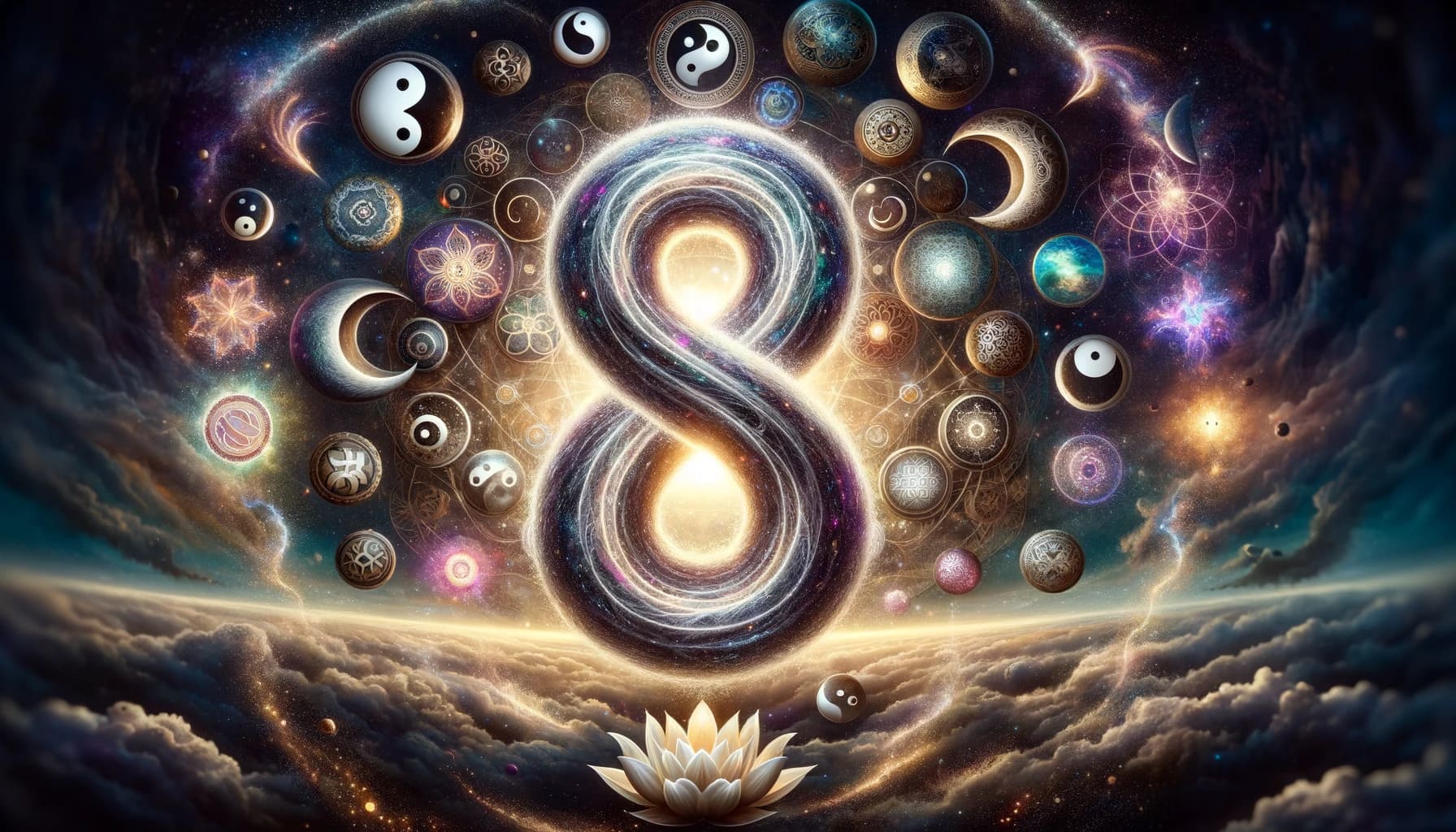 A profound and mystical representation of the universal symbolism of the number 8. The image features a majestic figure 8 lying horizontally resembli