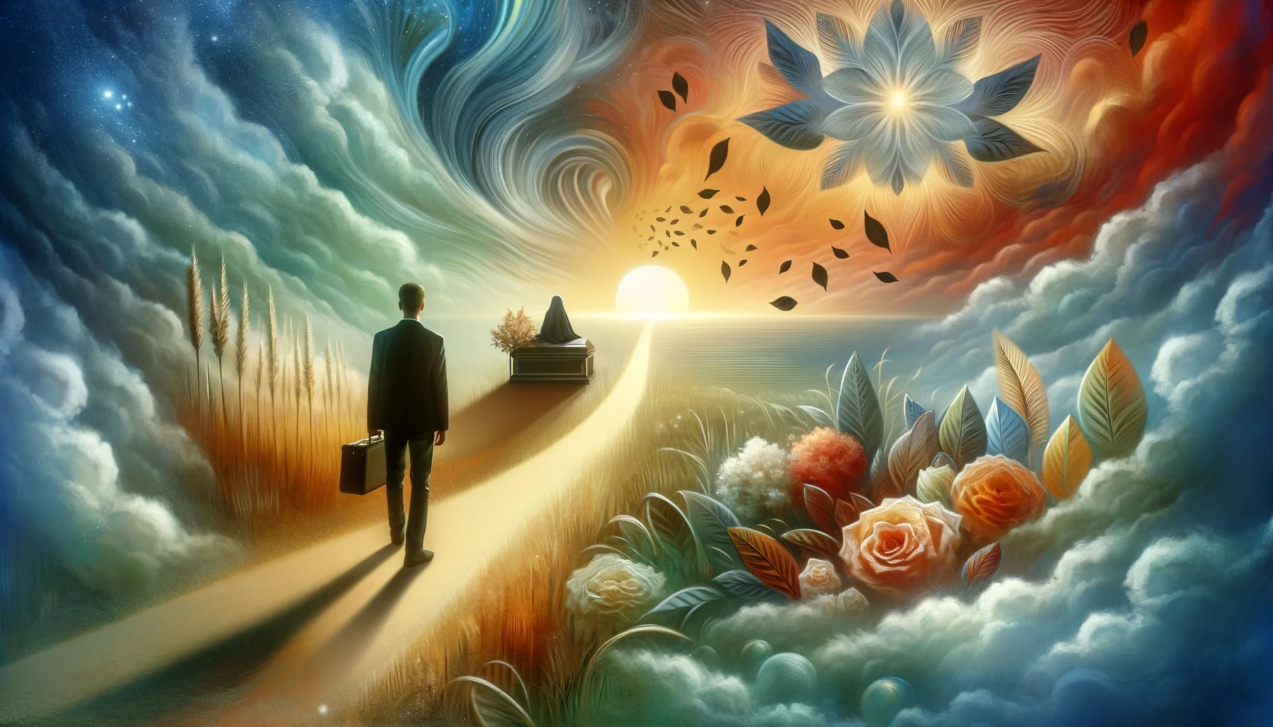 A symbolic dream scene showing a person attending a funeral representing personal growth and spiritual awakening. The atmosphere is serene and intros