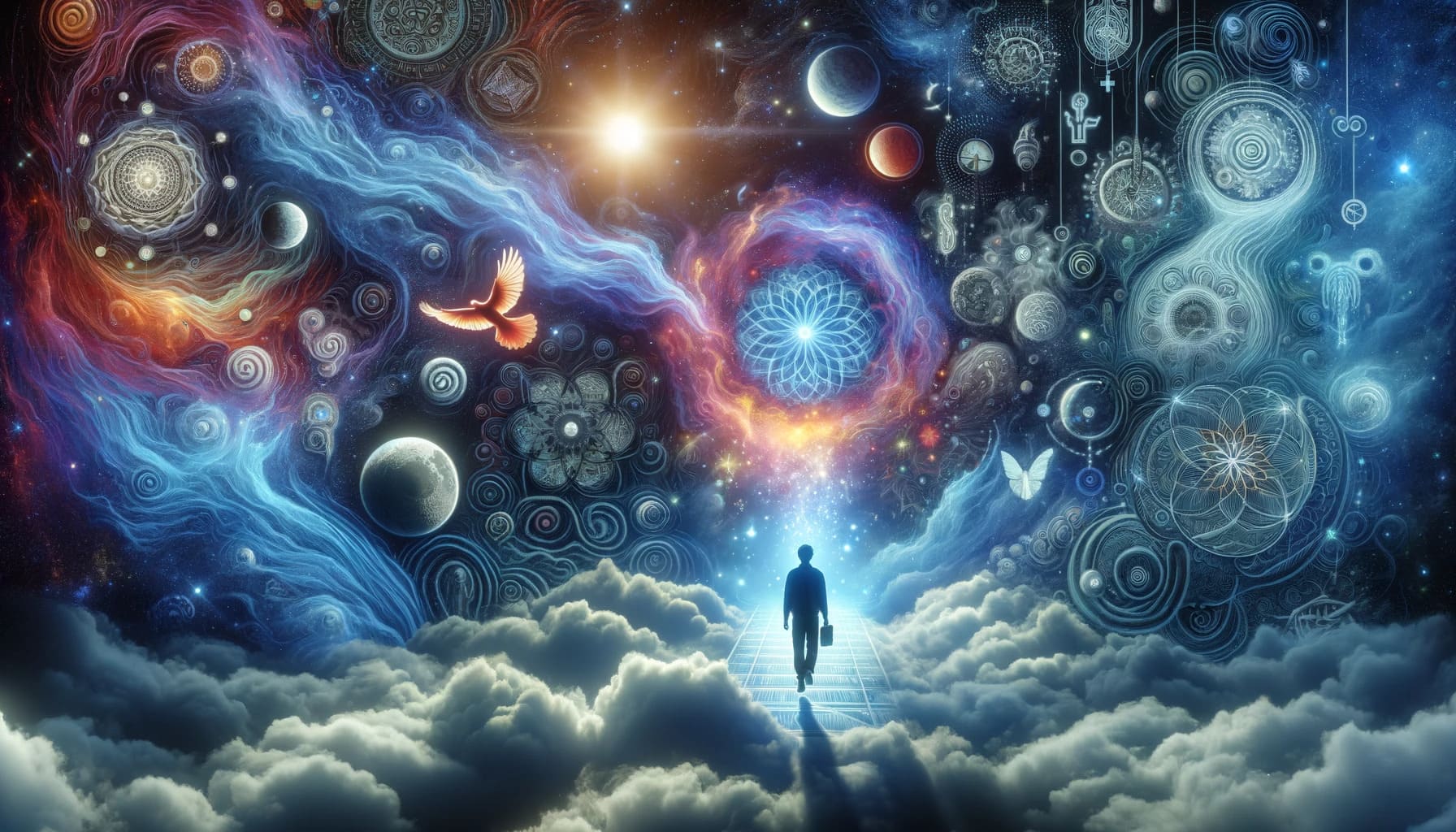 A vivid introspective image depicting a person waking up from a dream surrounded by dreamlike symbols and narratives. The scene should convey a
