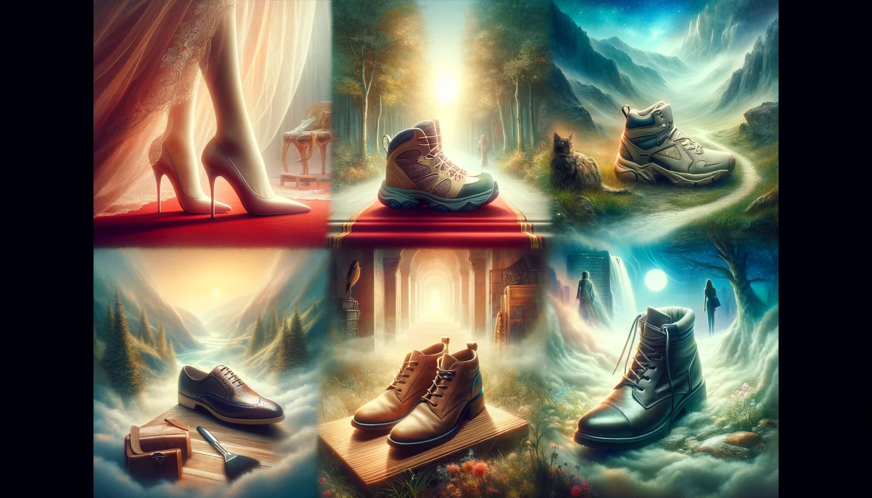 An ethereal dreamlike scene focusing on various shoes in different contexts to symbolize spiritual meanings. The image shows a variety of shoes each