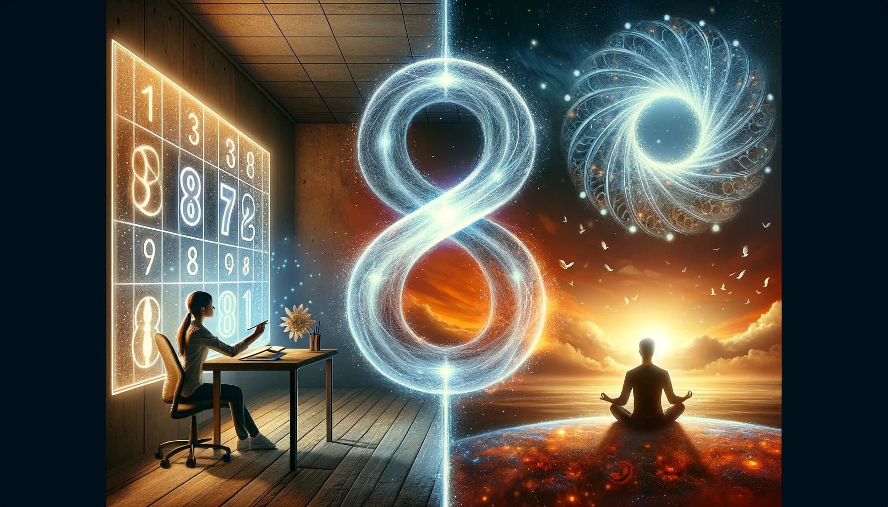 An inspirational image illustrating the integration of the power of the number 8 in life. The scene is divided into two sections reflecting the duali