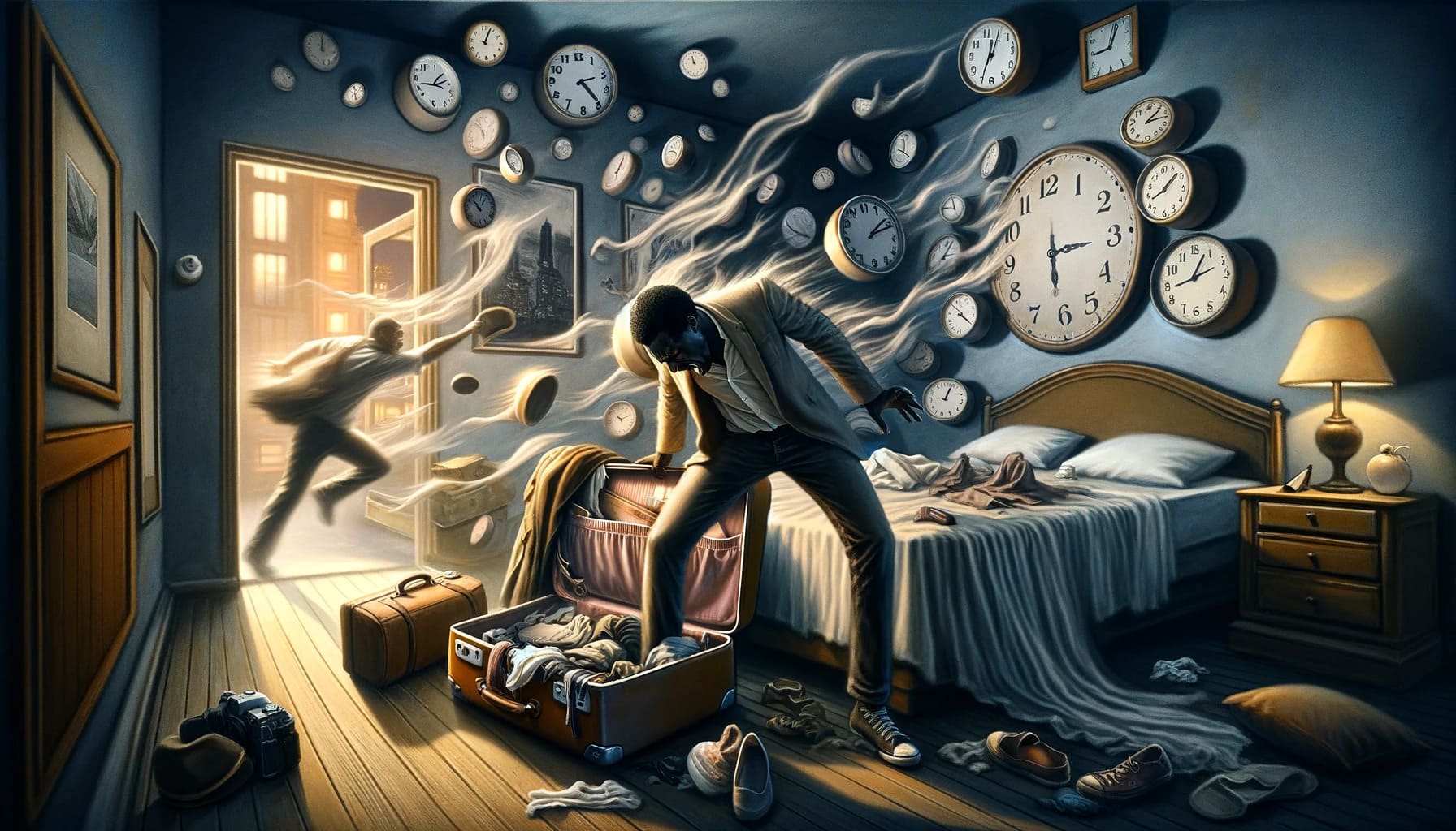         A painting depicting a man surrounded by clocks in a room, evoking feelings of hurriedness and the notion that time is slipping away.