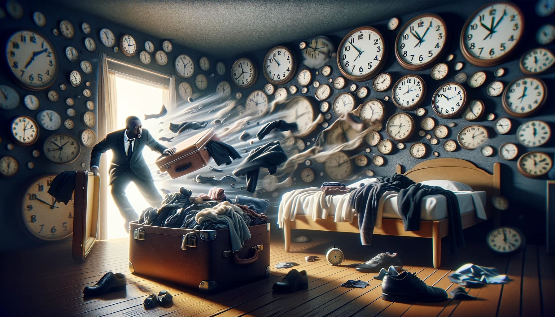 In his dream, a man frantically runs through a room filled with clocks, feeling the pressure of running out of time.