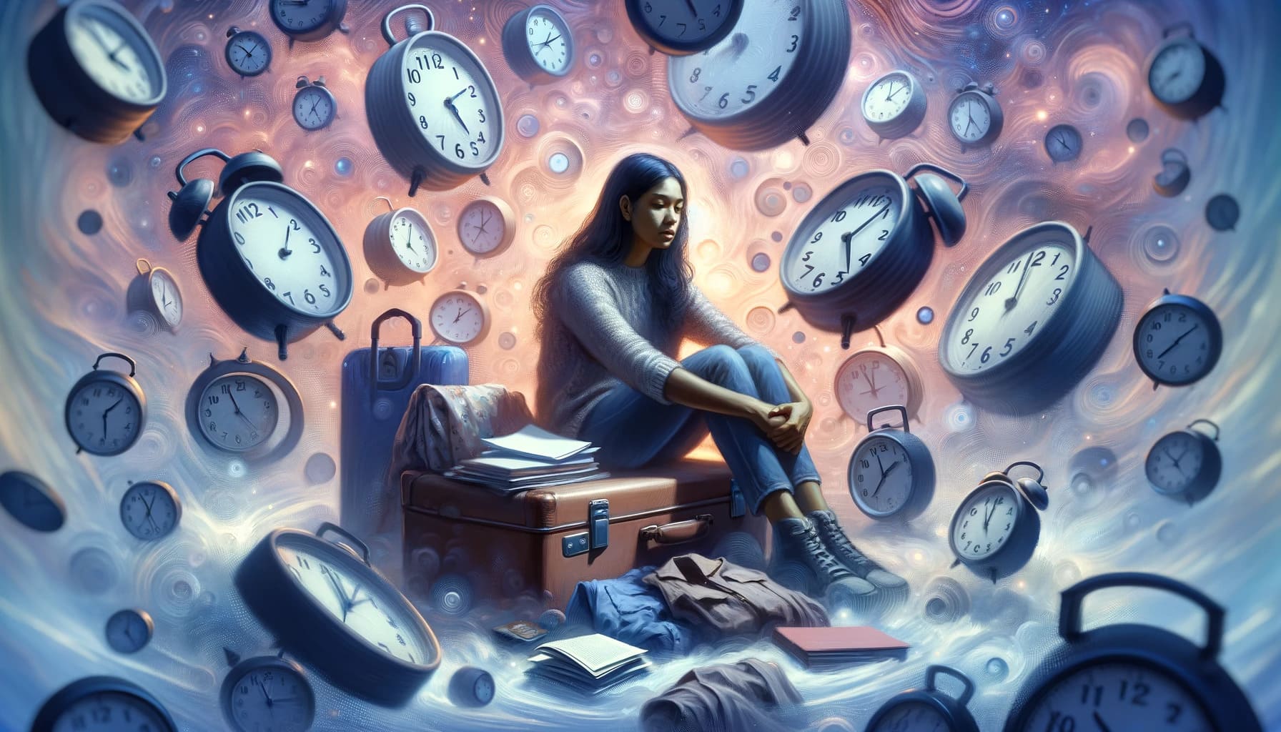 A woman sitting on a suitcase surrounded by numerous clocks, her expression reflecting a mix of determination and apprehension, as if she is caught between the dreams of packing and the fear of running out