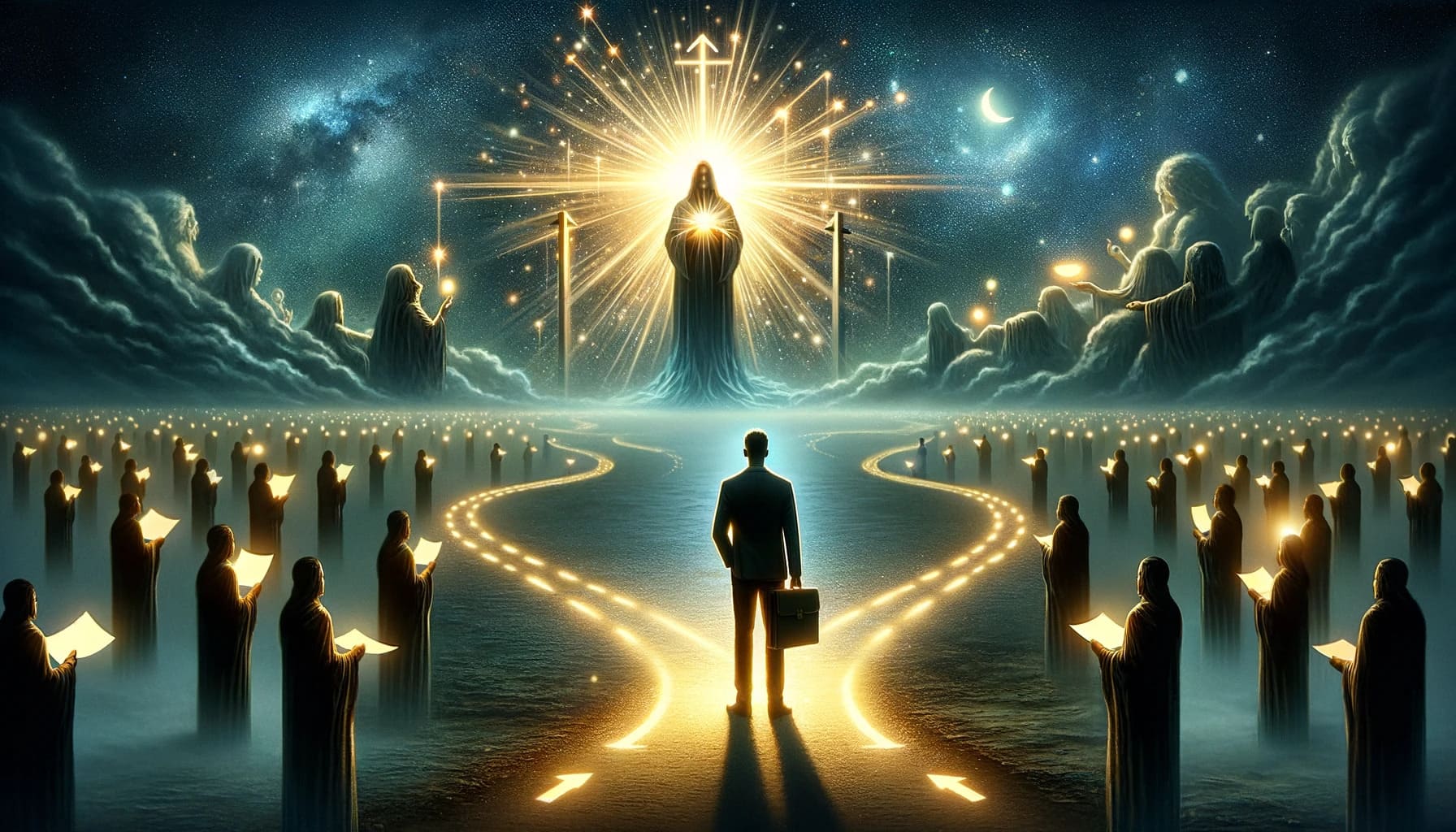 DALL·E 2023-11-08 22.33.57 - Design an image that encapsulates the spiritual journey of interpreting a job offer in a dream, symbolizing it as either an omen or a guiding light. T DALL·E 2023 11 08 22.33.57 Design an image that encapsulates the spiritual journey of interpreting a job offer in a dream symbolizing it as either an omen or a guiding light. T