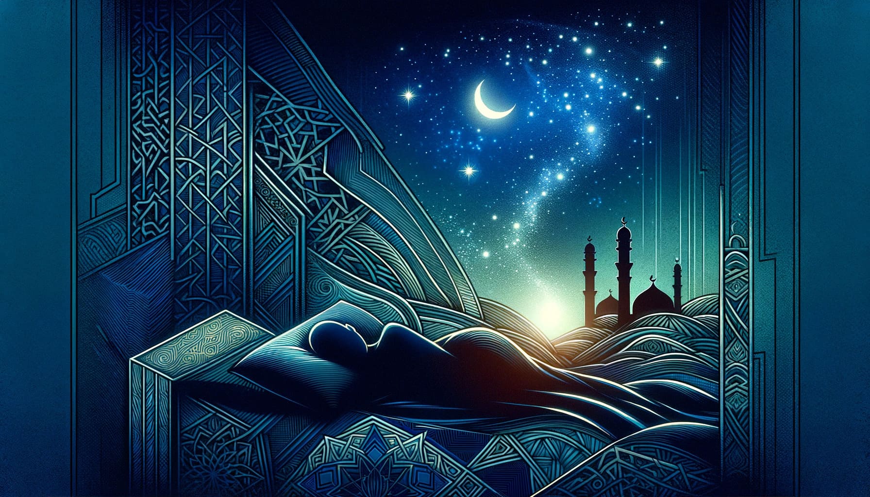 DALL·E 2023 11 08 22.53.08 An illustration that symbolizes the intersection of cultural narratives and Islamic teachings with a thematic focus on the experience of sleep paraly