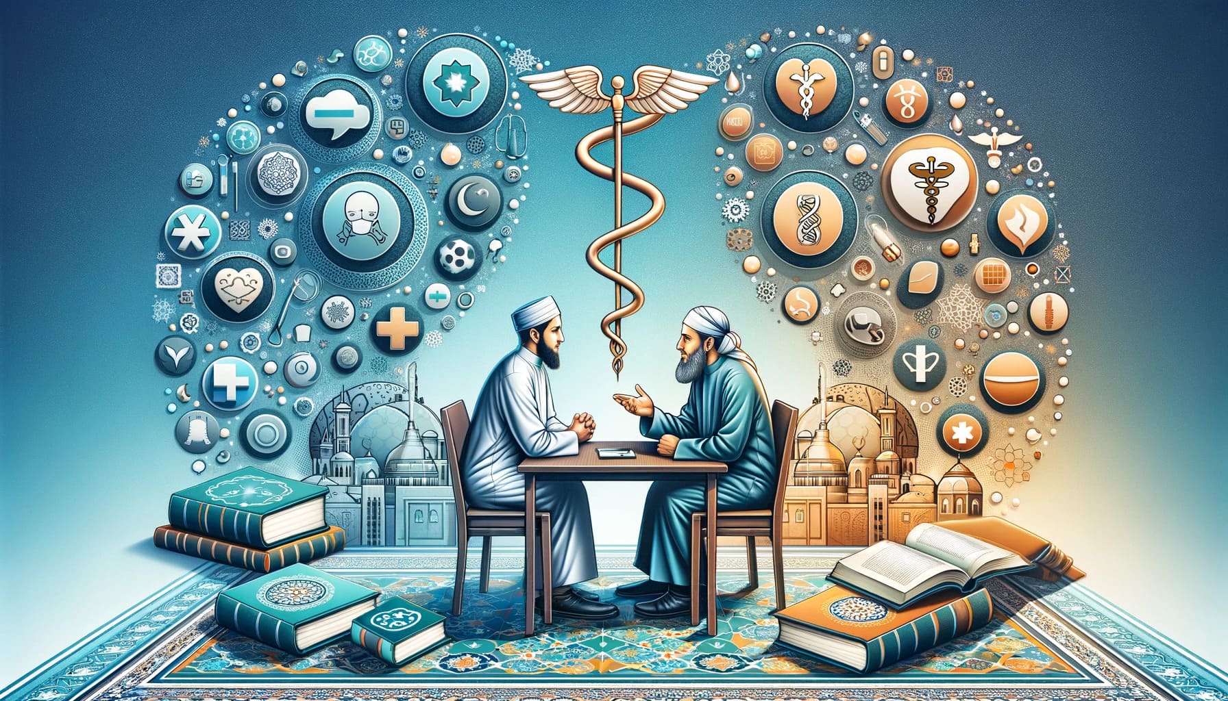 DALL·E 2023 11 08 22.53.58 An image illustrating the collaboration between modern Islamic scholars and healthcare professionals discussing sleep paralysis with symbols of Islam