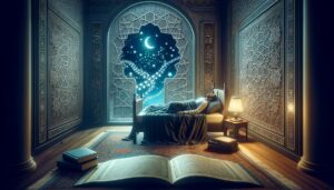 DALL·E 2023 11 08 22.54.20 An image depicting the concept of sleep paralysis in an Islamic context blending elements of spirituality and science. The scene includes an open boo