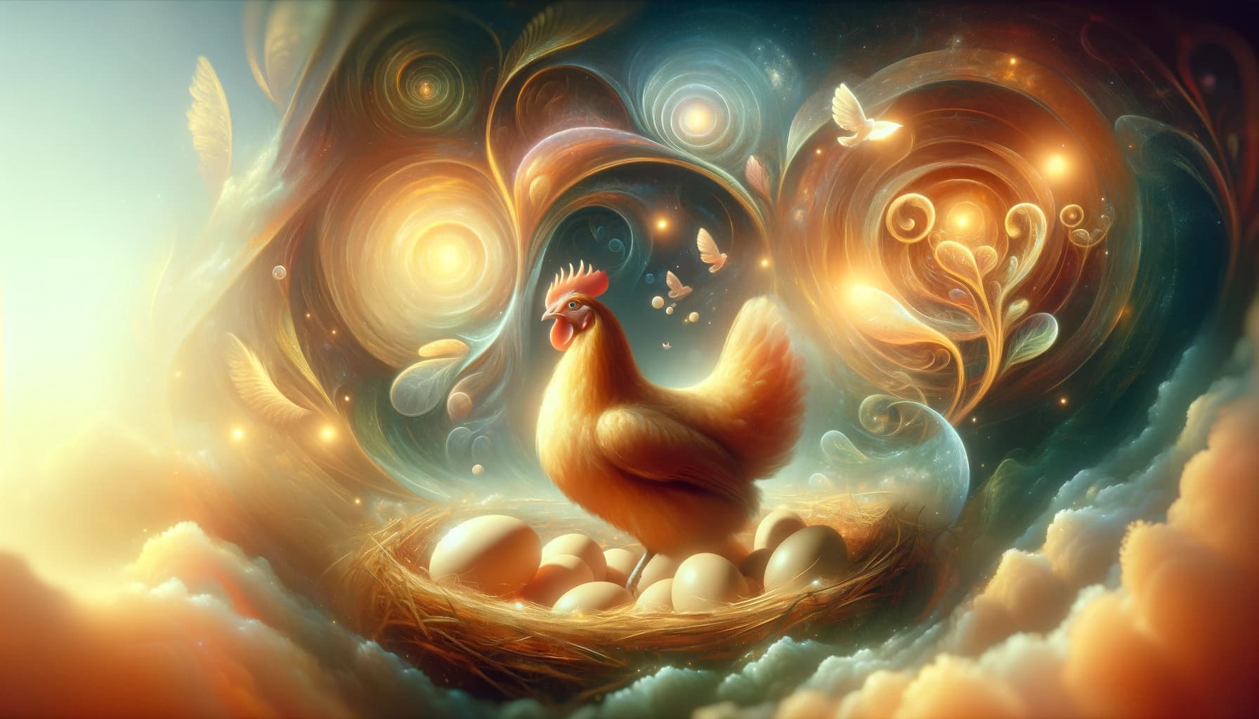 DALL·E 2023 11 09 10.23.11 A dreamlike surreal image depicting the symbolism of a hen as it resonates with themes of fertility motherhood and protection. The scene is set in