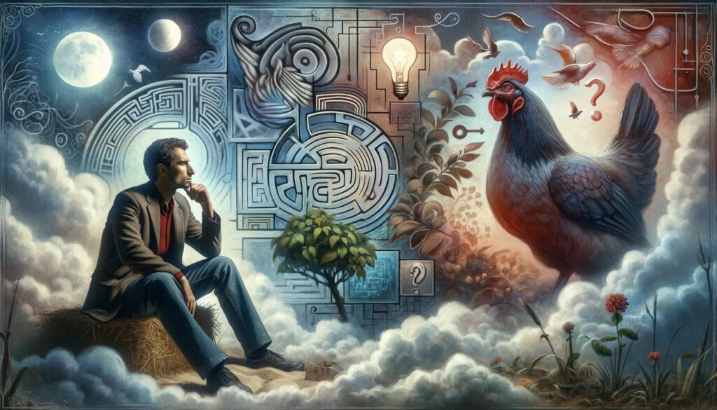 DALL·E 2023 11 09 10.23.13 A dreamlike and abstract interpretation of a person pondering the meaning of a hen in their dream set against a backdrop of ethereal clouds and a col