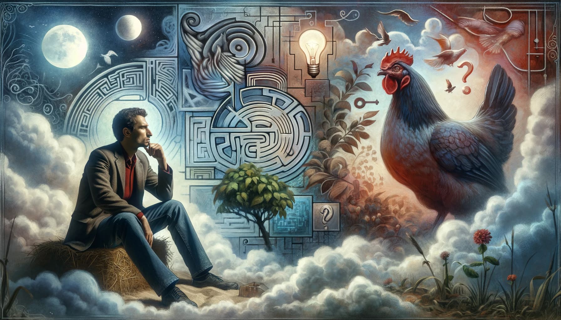 DALL·E 2023-11-09 10.23.13 - A dreamlike and abstract interpretation of a person pondering the meaning of a hen in their dream, set against a backdrop of ethereal clouds and a col DALL·E 2023 11 09 10.23.13 A dreamlike and abstract interpretation of a person pondering the meaning of a hen in their dream set against a backdrop of ethereal clouds and a col