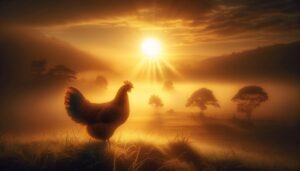 DALL·E 2023 11 09 10.23.15 A serene and somewhat mystical landscape at dawn with a single hen standing prominently in the foreground bathed in the golden light of the rising s
