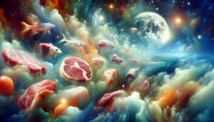 DALL·E 2023 11 10 13.34.32 An abstract ethereal image depicting the spiritual concept of meat in dreams. The foreground features a variety of meats beef chicken fish floa