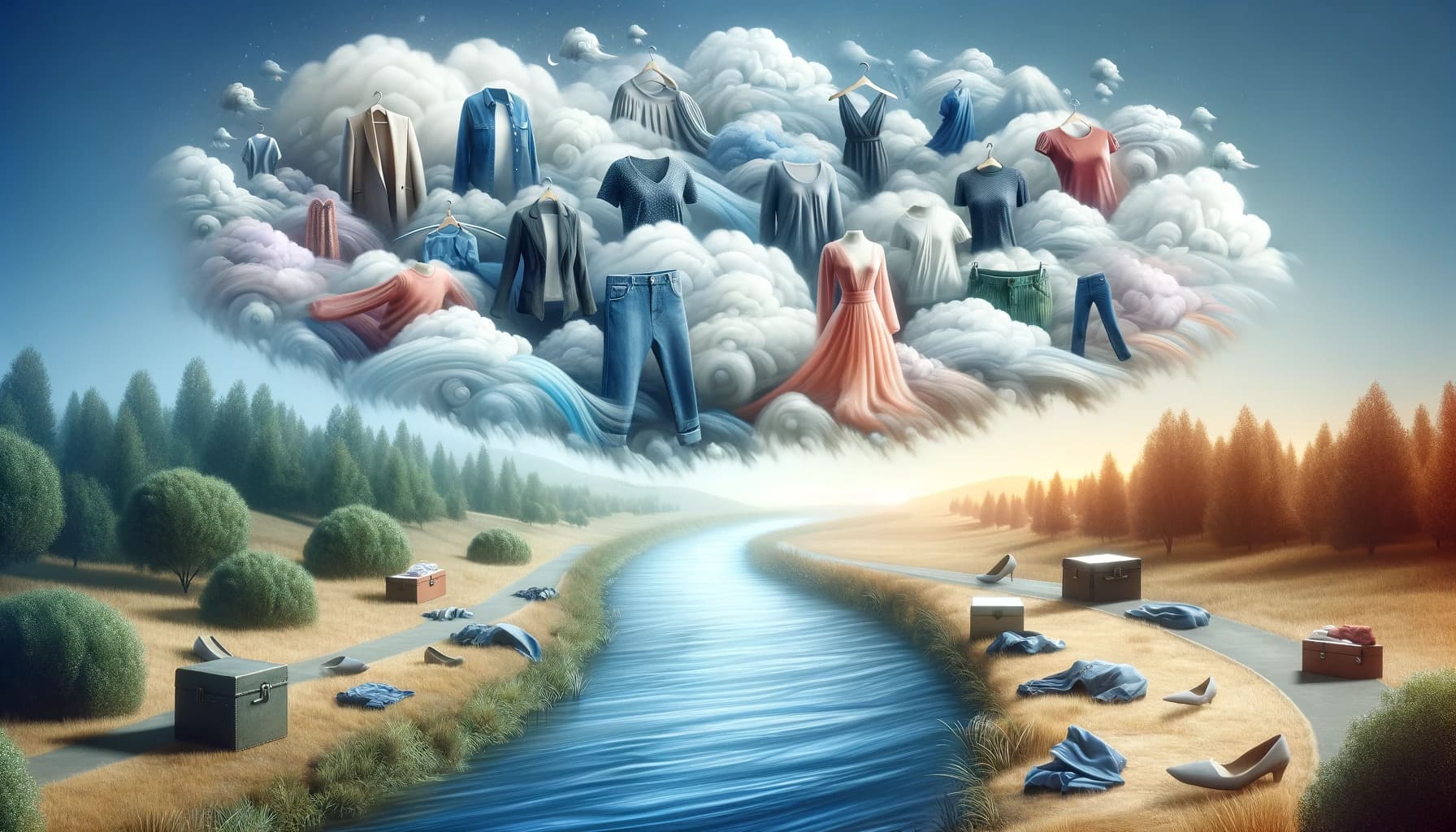 DALL·E 2023 11 10 15.57.43 A surreal and symbolic representation of dreaming about clothing. The scene includes a serene landscape with a river symbolizing flow and change. In