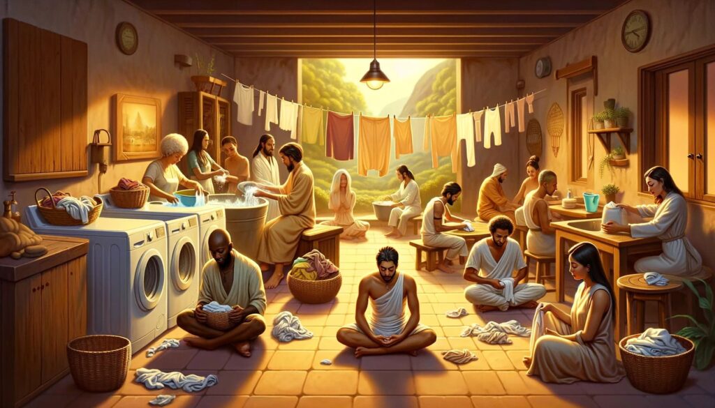 A painting of people in a room washing clothes, exploring the spiritual significance of this act.