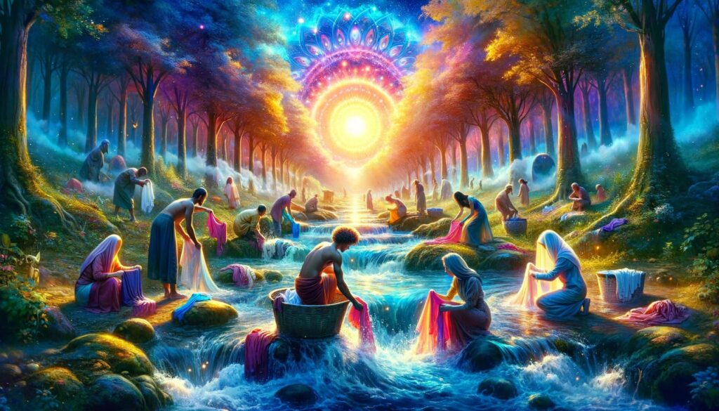 A spiritual painting depicting people bathing in a river.