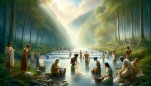 DALL·E 2023 11 11 14.20.30 An ethereal and tranquil scene depicting the spiritual meaning of washing clothes. The image features a serene natural setting with a crystal clear r