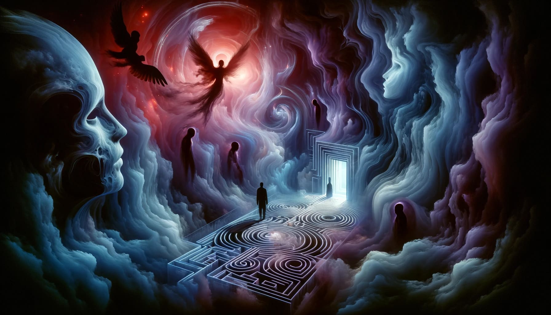 DALL·E 2023 11 16 01.07.15 An abstract and symbolic image depicting the concept of the subconscious projection in dreams about killing. The scene should feature ethereal fluid