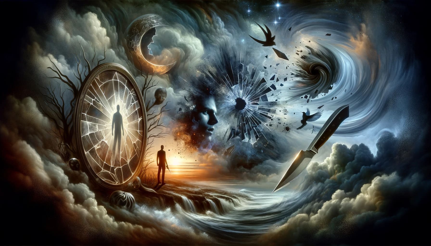 DALL·E 2023 11 16 01.07.16 A surreal scene depicting the psychological and symbolic aspects of dreams about killing someone. The image should have an ethereal dream like qualit
