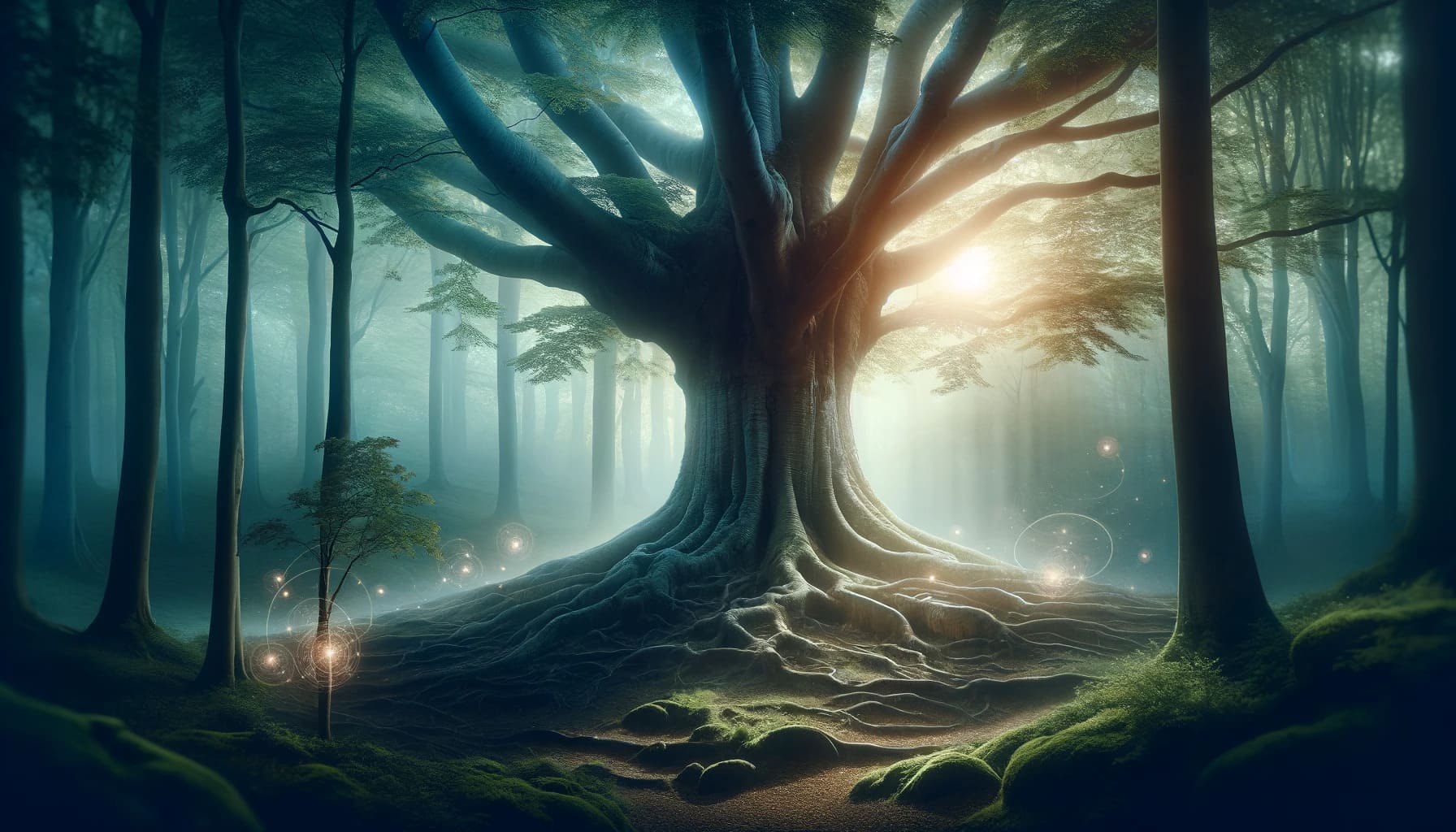 DALL·E 2023 11 19 13.33.37 A tranquil mystical forest with a large ancient tree at its center embodying wisdom and spiritual significance. The scene is bathed in soft ethere