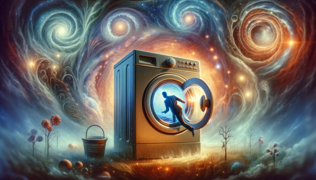 DALL·E 2023 11 27 21.12.47 A symbolic image depicting the act of putting a father figure in a washing machine representing transformation and renewal in a dream context. The sc