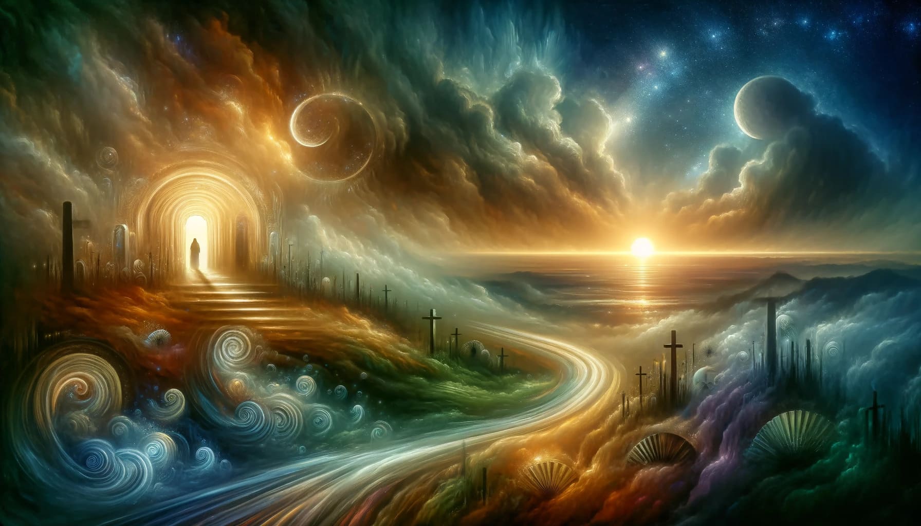 andscape with a symbolic representation of a funeral. The scene conveys transformation and renewal, with elements like a rising sun, a pat andscape with a symbolic representation of a funeral. The scene conveys transformation and renewal with elements like a rising sun a pat