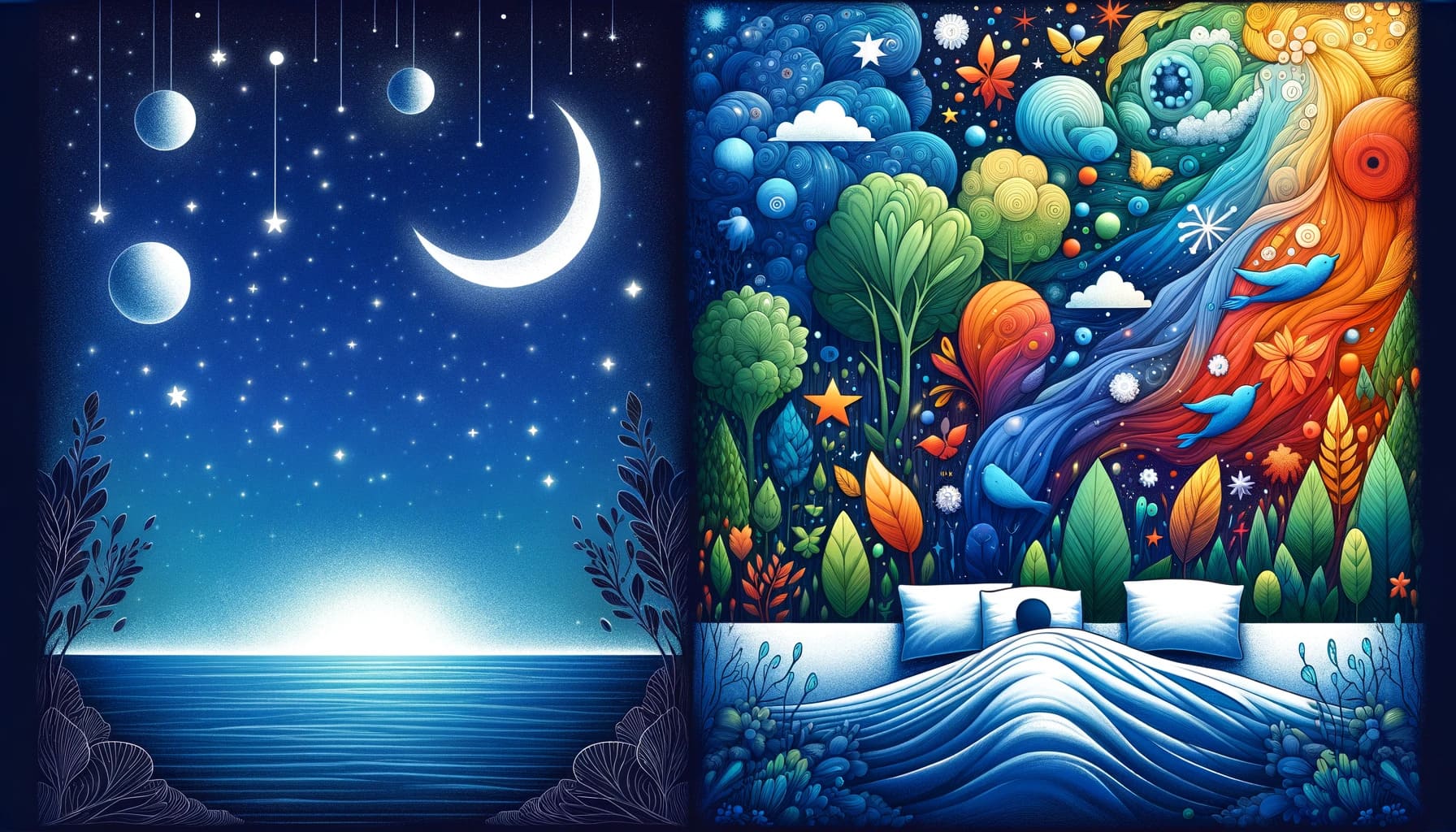 contrast between deep sleep and dream state featuring symbolic representations like a calm ocean under a starry night