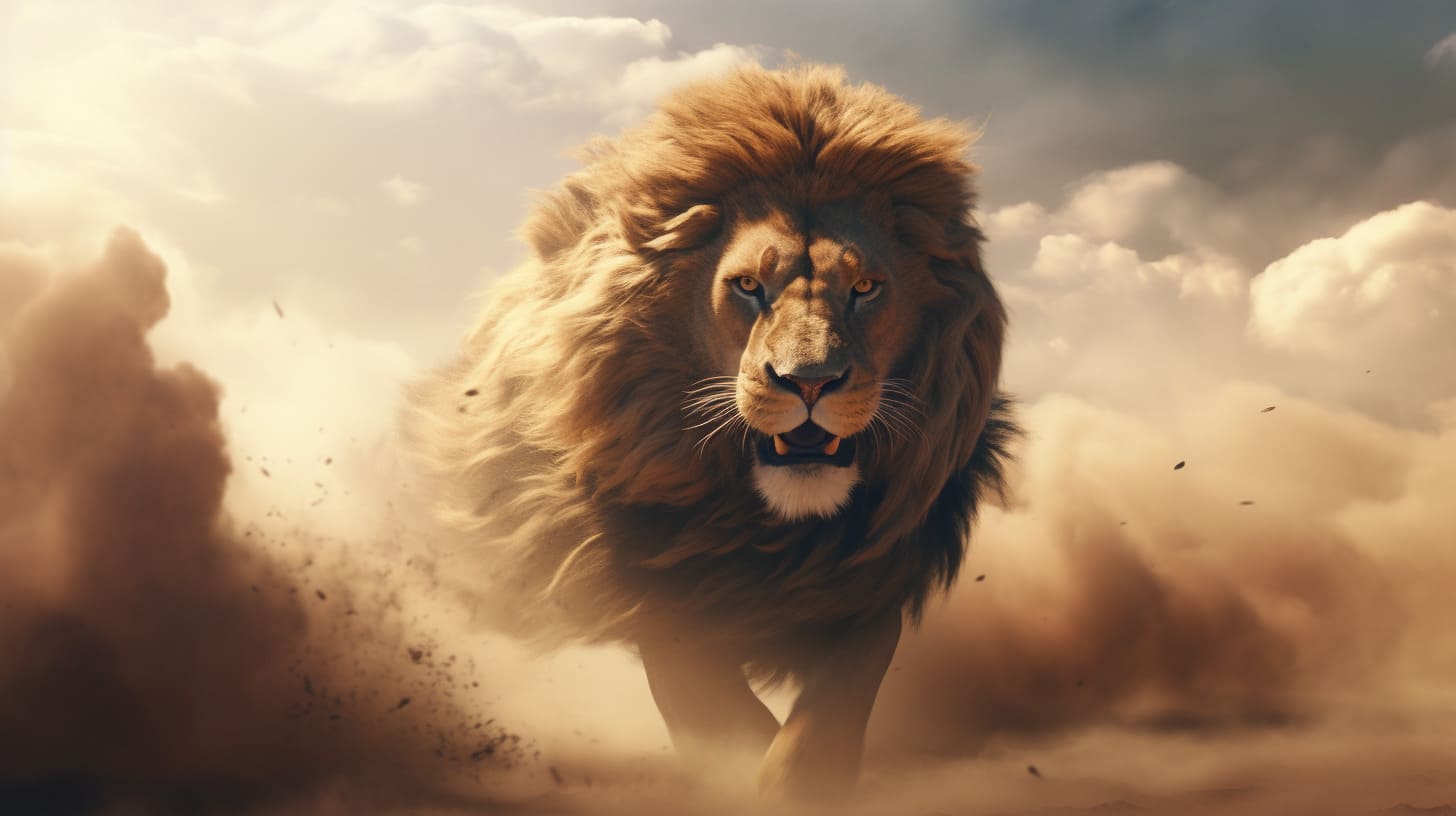 A lion is running through a dusty field, invoking a sense of spiritual meaning.