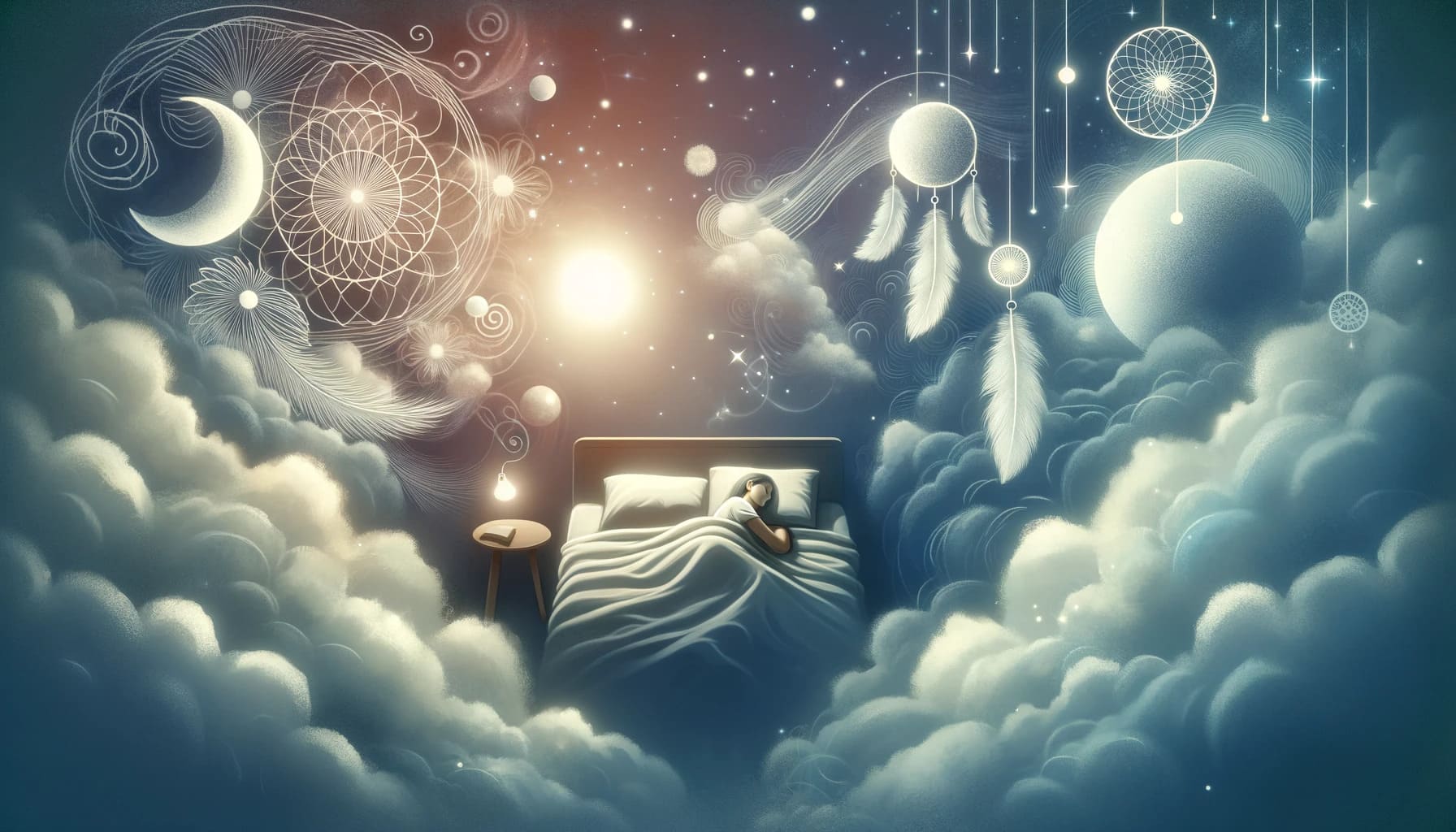 dreamlike illustration showing a person peacefully sleeping in a bed surrounded by ethereal imagery like floating dream catchers soft clouds and