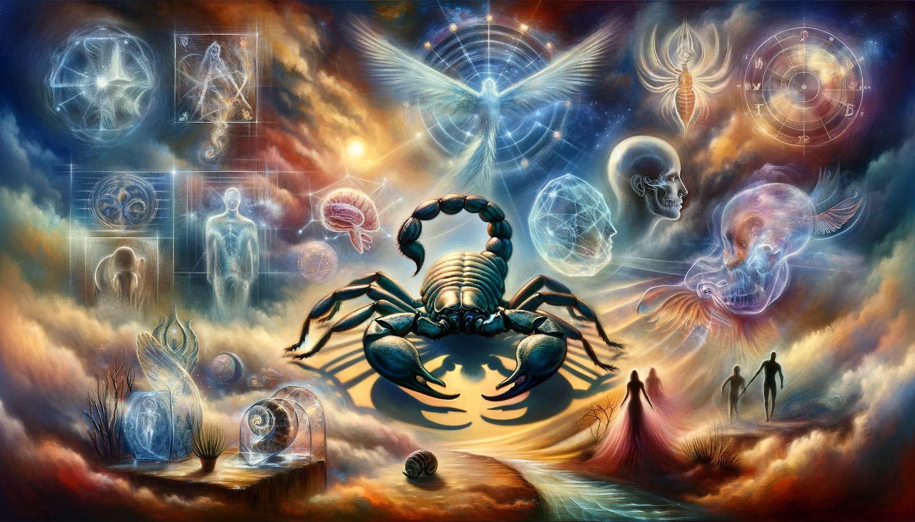 dreamlike surreal scene depicting the symbolic essence of scorpions in a dream. The scene shows a large ethereal scorpion with a potent sting rad