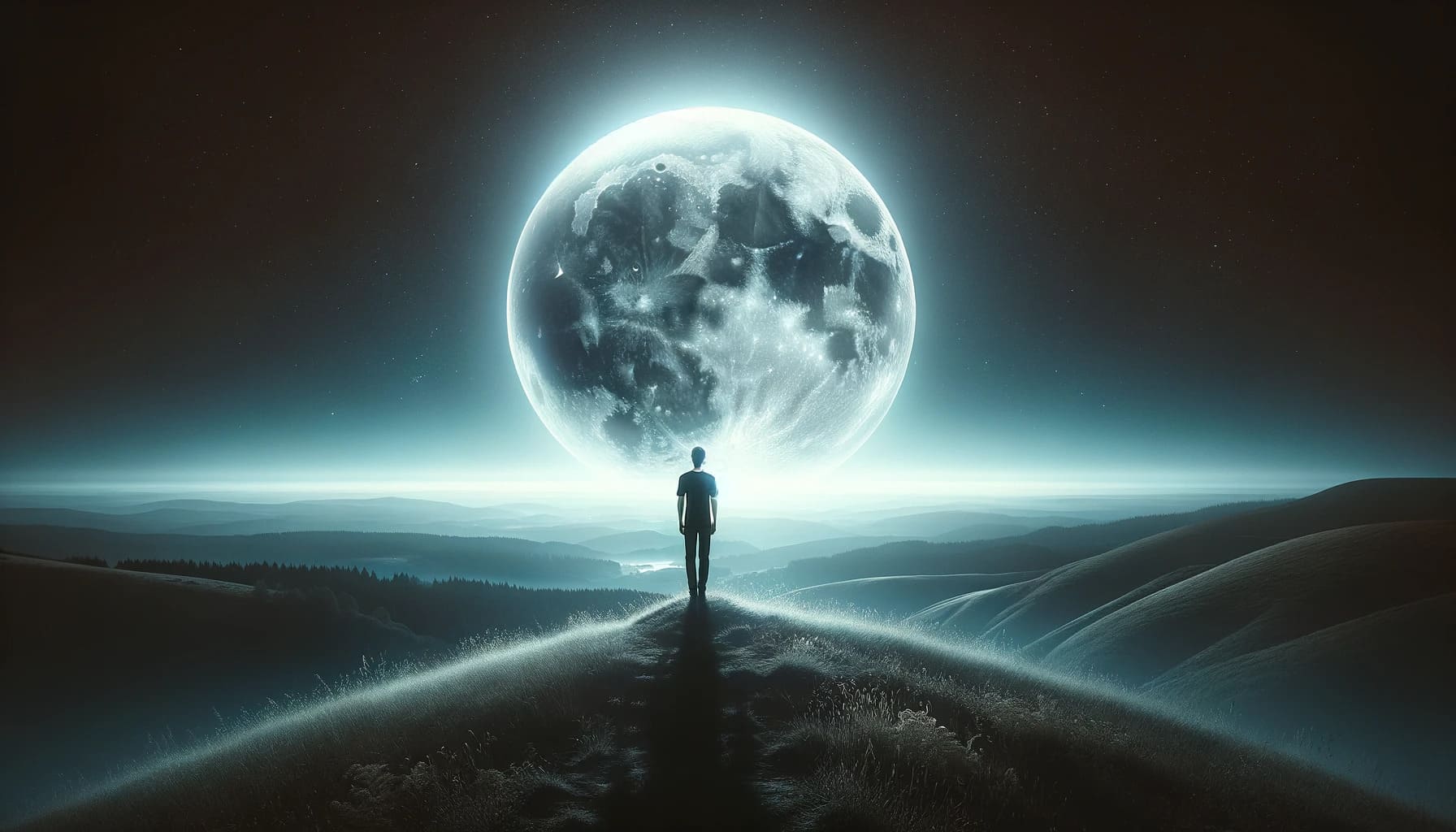 gazing at the waning gibbous moon in the night sky. The person is in a reflectiv