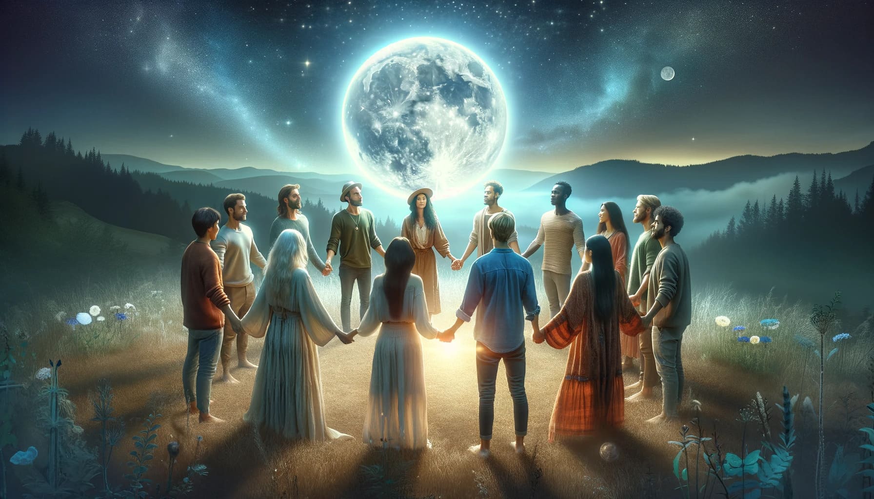 group of people gathered in a circle under the bright light of a waxing gibbous moon symbolizing community and spiritual c
