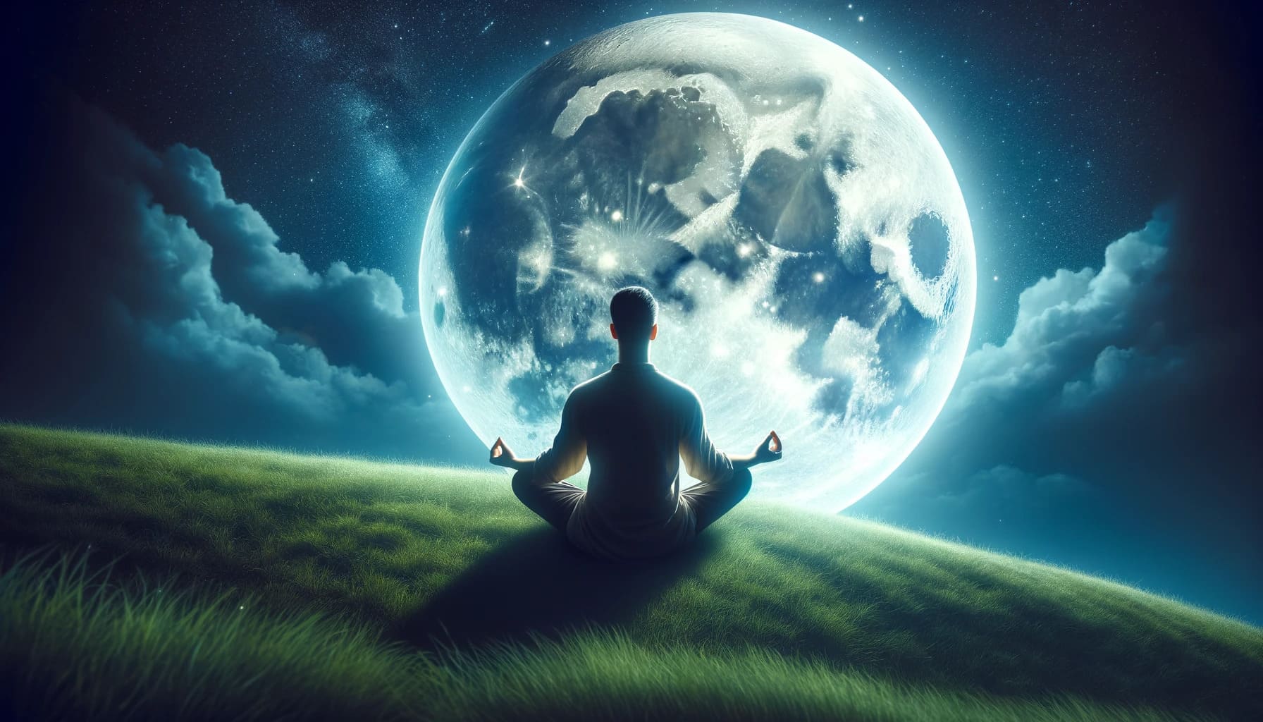 person in a meditative pose under the waxing gibbous moon symbolizing introspection and spiritual growth. The person an Asian m