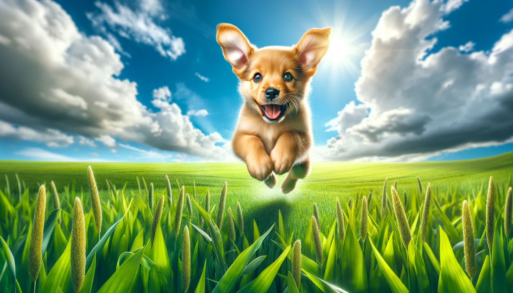 playful puppy in a lush green field symbolizing new beginnings and joy. The scene is set in an open field with vi