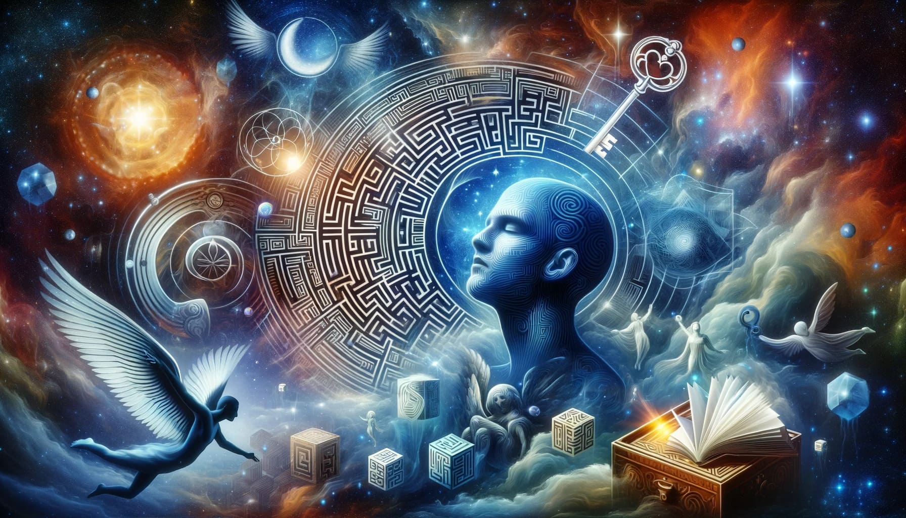 representation of spiritual dreams depicting a dreamer surrounded by symbolic images like a maze a key and ethereal beings against a b