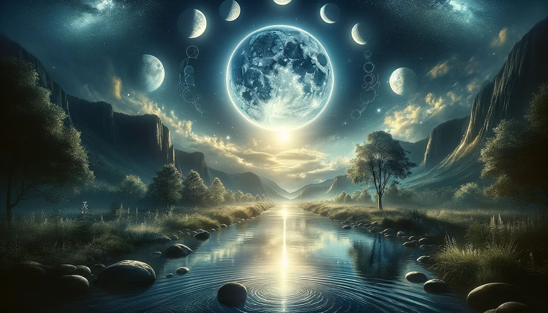serene nocturnal landscape under the waning gibbous moon highlighting a peaceful river reflecting the moonlight. The scene evokes a sense of intros
