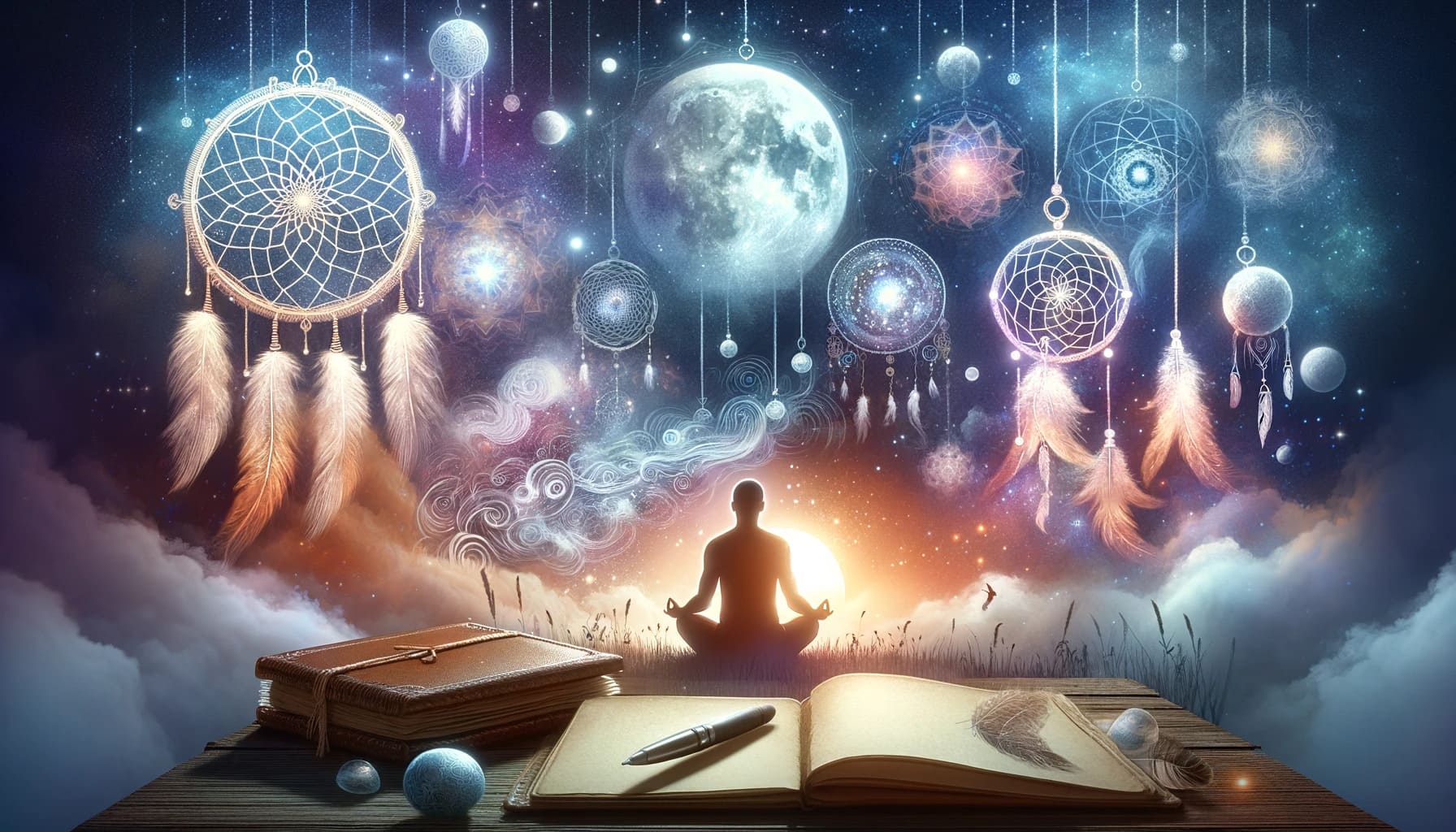 spiritual dream exploration techniques like a person meditating under a starry sky dream journals with ethereal w