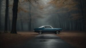 A blue car, symbolizing the spiritual meaning of a parked car in a dream, is located in the middle of a foggy forest