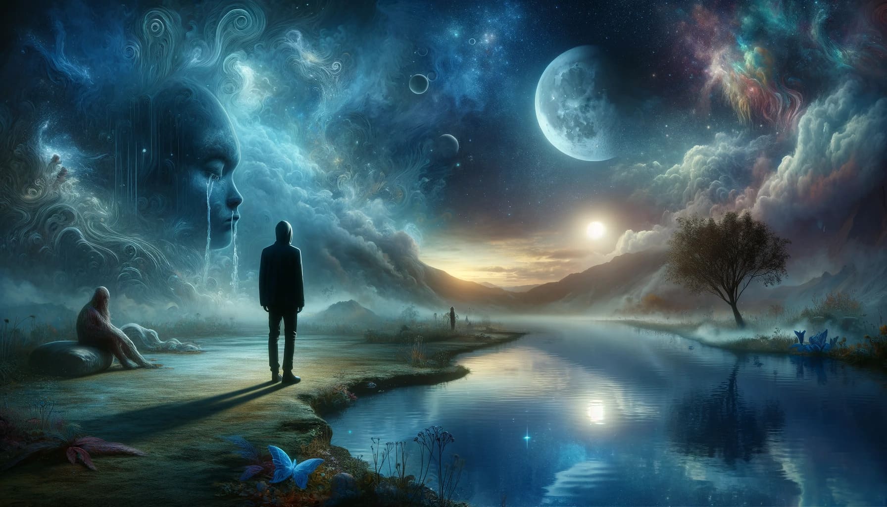 surreal landscape representing the emotional depth of dreams. In the foreground a serene pond reflects the moon symbolizing introspection and the