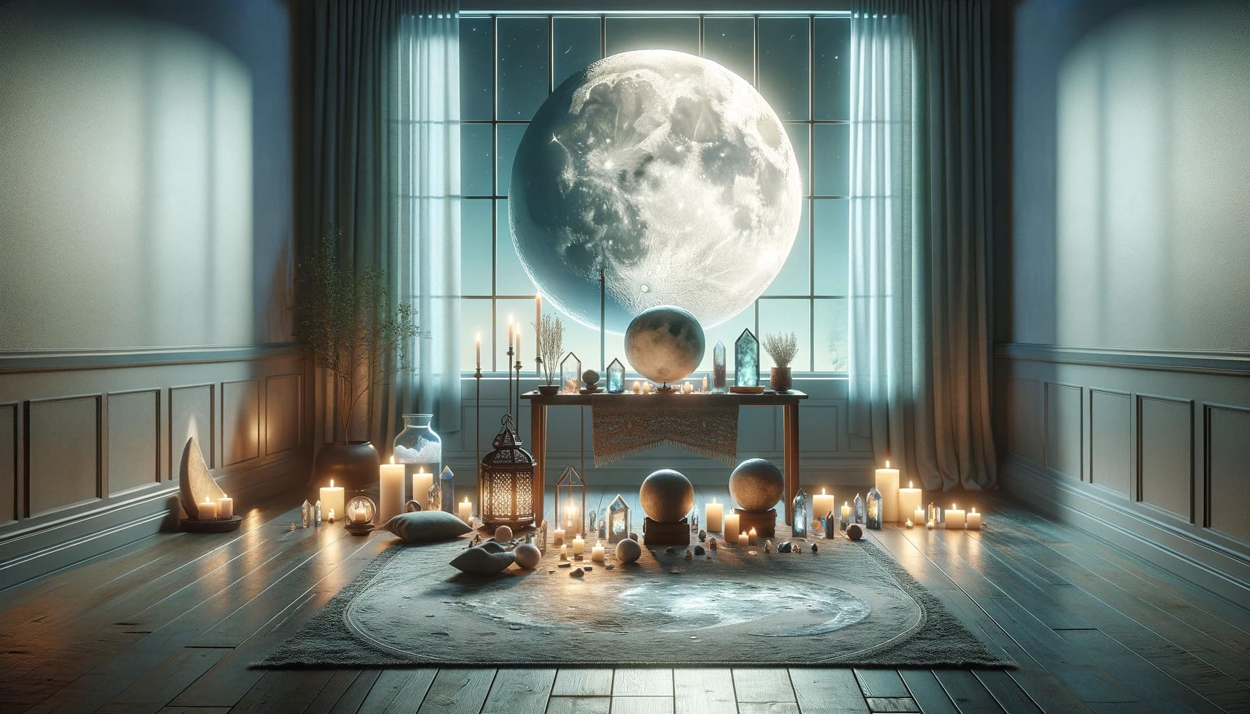 symbols of lunar reflection importance such as moon phases crystals and candles. The alta
