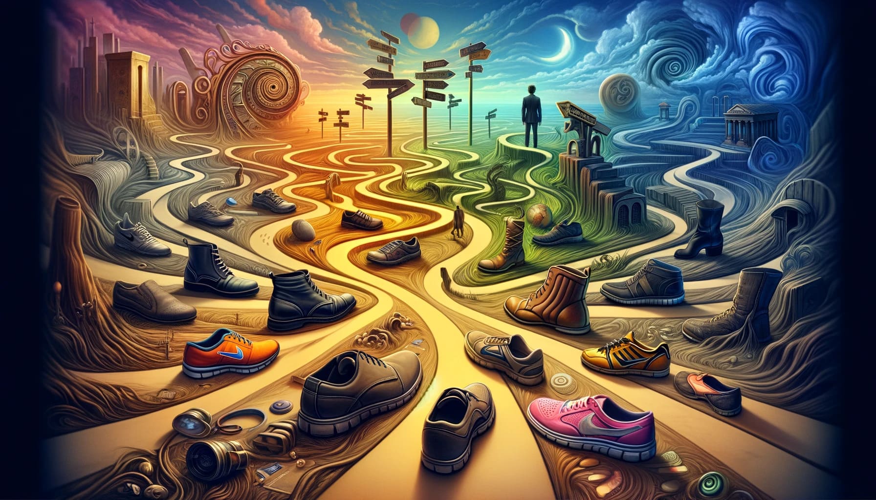 the symbolic significance of shoes in dreams, depicted in a 16_9 aspect ratio. It features an array of different styles of shoe the symbolic significance of shoes in dreams depicted in a 16 9 aspect ratio. It features an array of different styles of shoe