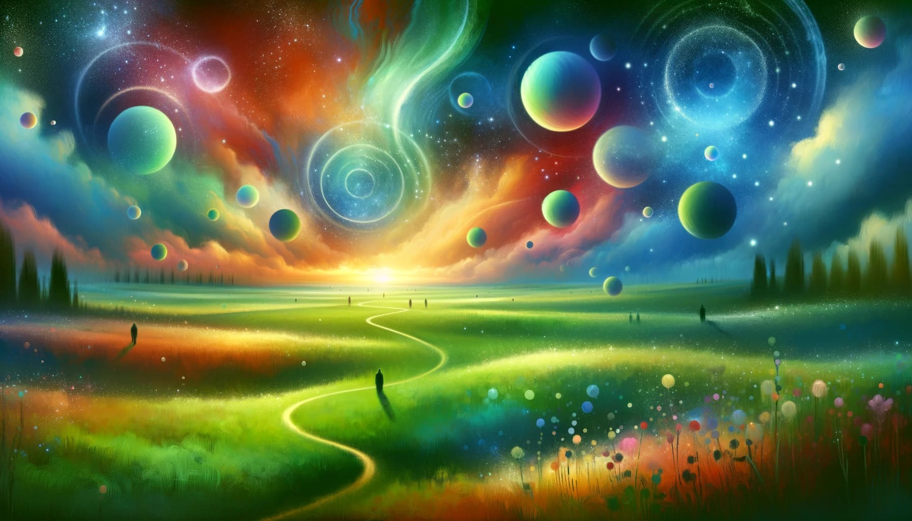 tranquil and ethereal dream landscape featuring a lush green meadow under a vibrant colorful sky with symbolic elements like floating orbs a win
