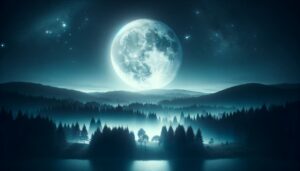 tranquil night under a waxing gibbous moon casting a soft glow over a serene forest with a clear view of the stars