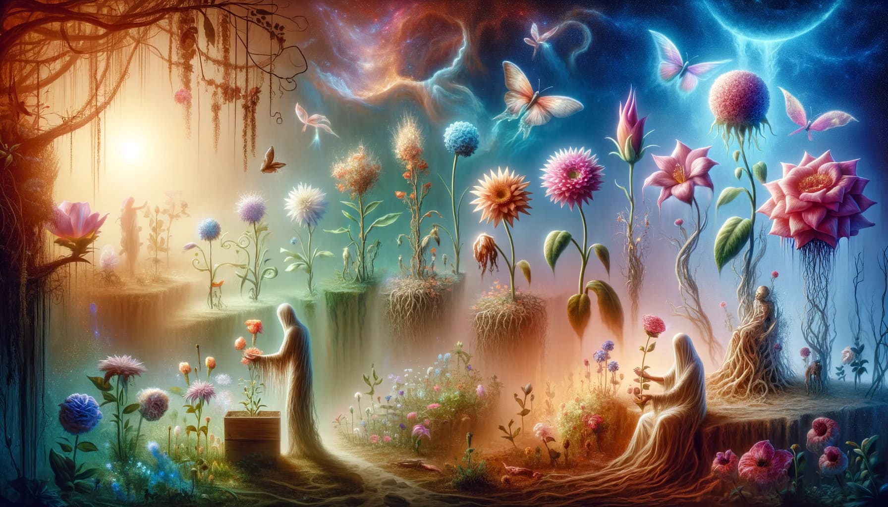 types of flowers in different conditions and interactions in a surreal ethereal landscape